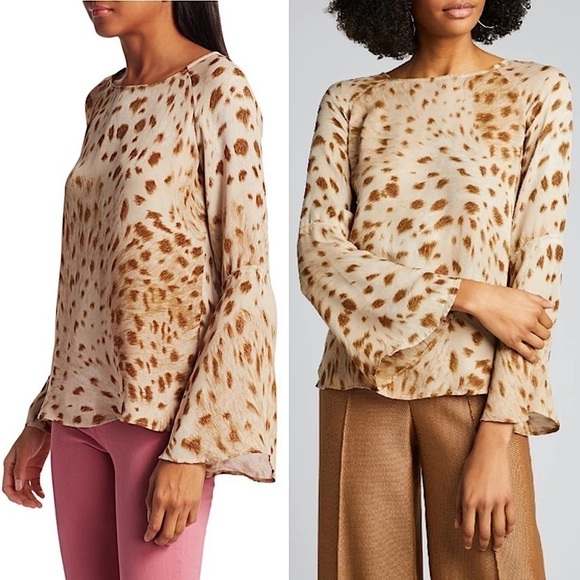 NWT L’AGENCE Silk Chiffon Watercolor Animal Print Long Bell Sleeve Relaxed Top S - Picture 5 of 16